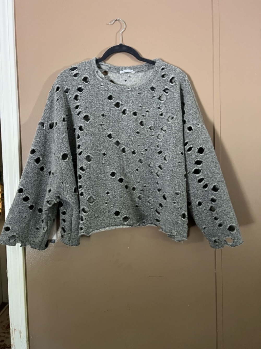 Zara Gray Distressed Hole-Detail Sweatshirt